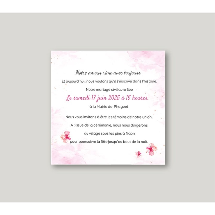 carte mariage moderne design arbre en COEUR fond ROSE ET PETITS FLEURS.