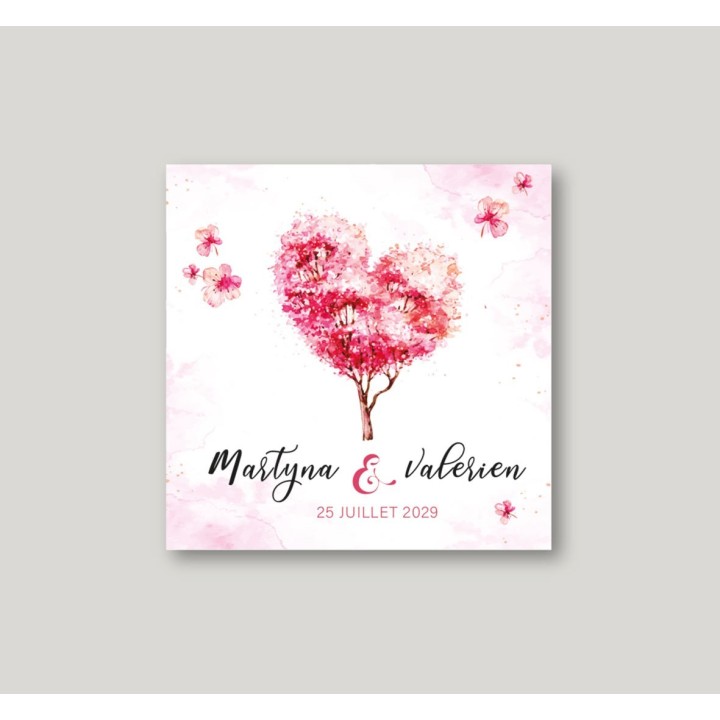 Faire part mariage moderne design arbre en COEUR fond ROSE ET PETITS FLEURS.