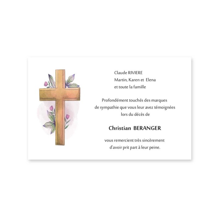 carte remerciements décès  croix catholique en bois entoure de fleurs violettes