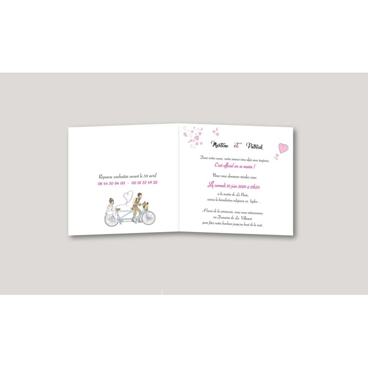 carte  MARIAGE  intemporel  TANDEN les maries EN VELO et de jolis cœurs