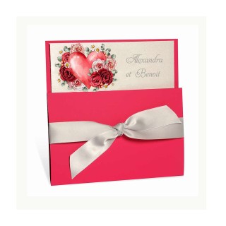 faire part mariage cœurs vintage  garni de fleurs baroque