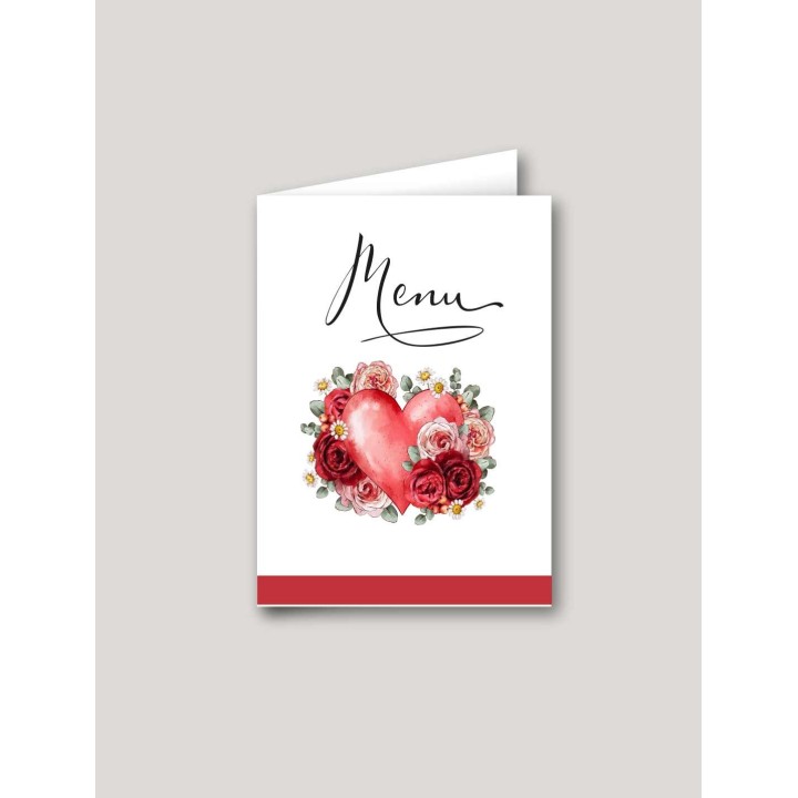 Menu mariage cœurs vintage  garni de fleurs baroque, signé artiste