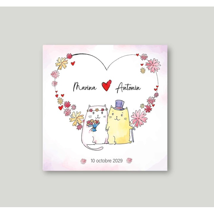 CARTE mariage 2 PETITS CHATS AMOUREUX MIGNONS moderne design HUMOUR ET COLORE