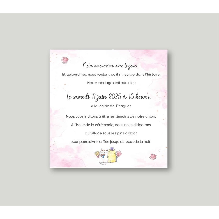 CARTE INVITATION mariage  2 PETITS CHATS MIGNONS moderne design HUMOUR ET COLORE