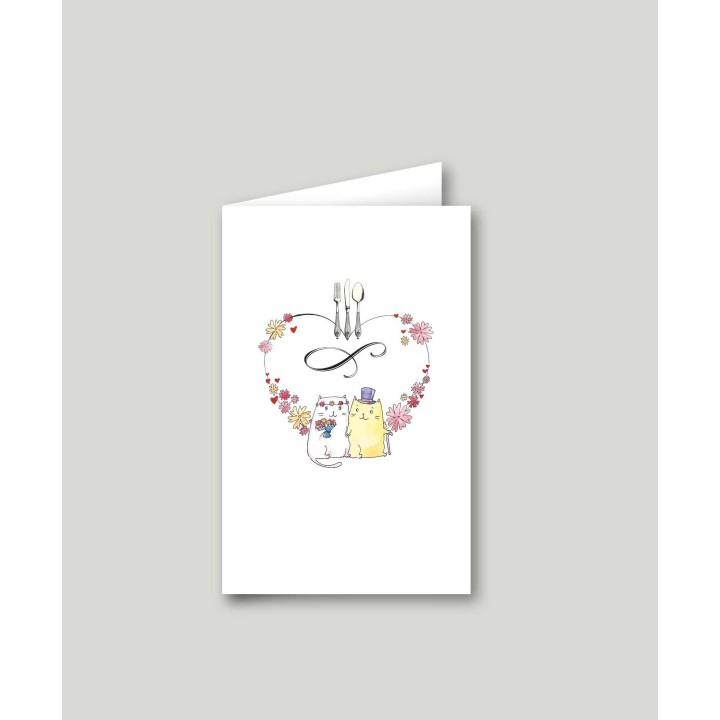 CARTE MENU mariage  2 PETITS CHATS MIGNONS moderne design HUMOUR ET COLORE