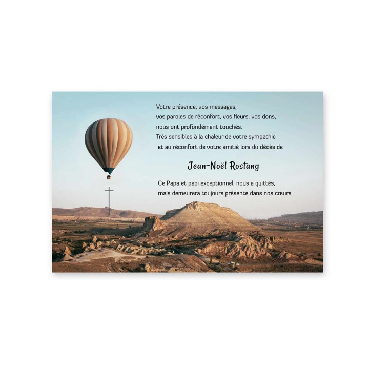 carte remerciements décès, voyage en montgolfière, en  paysage africain