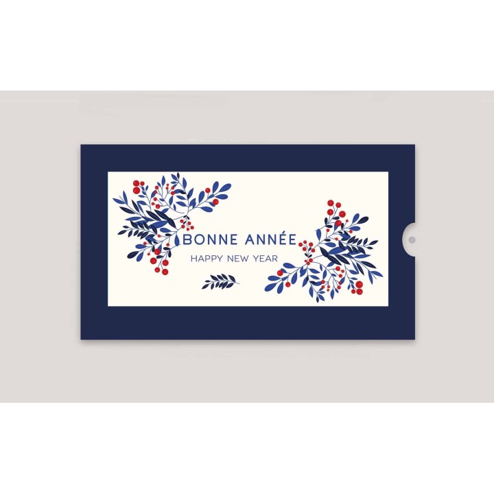CARTE DE VŒUX pochette   bleu marine design feuillage bleu- rouge bonne année et happy new year
