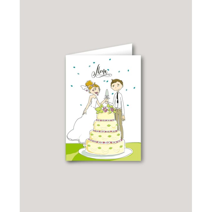 carton menu mariage personnalise humour les maries coupent le gâteau