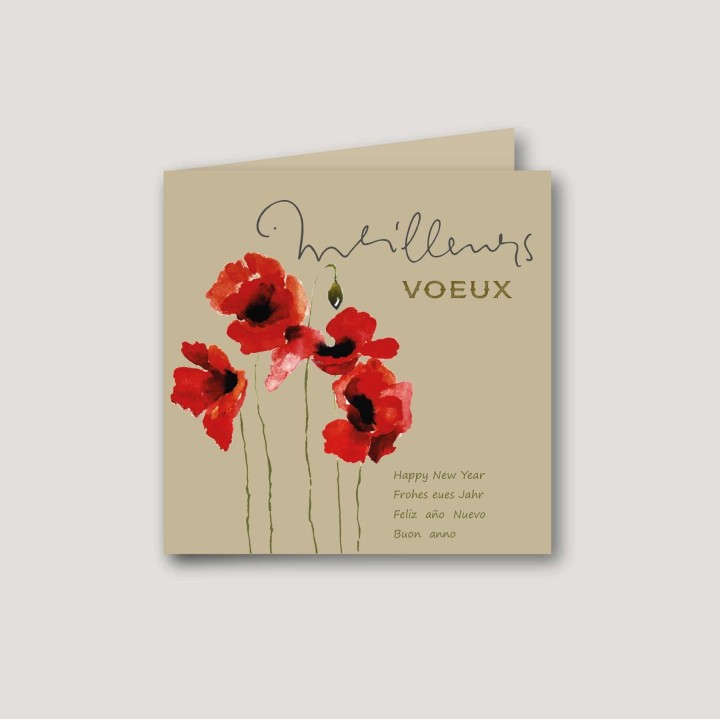 CARTE DE VOEUX,  en papier kraft décorée de  JOLIS COQUELICOTS ART,