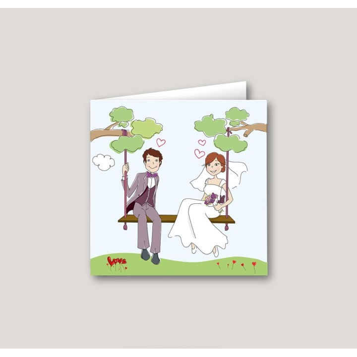 FAIRE PART MARIAGE amoureux en BALANCOIRE  paysage féerique sous les arbres