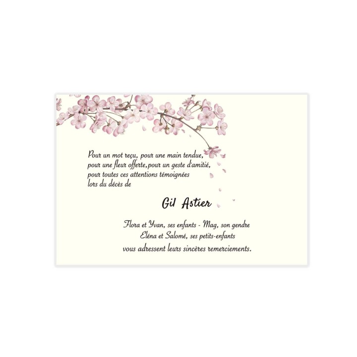 Carte remerciements décès fleurs rose du japon