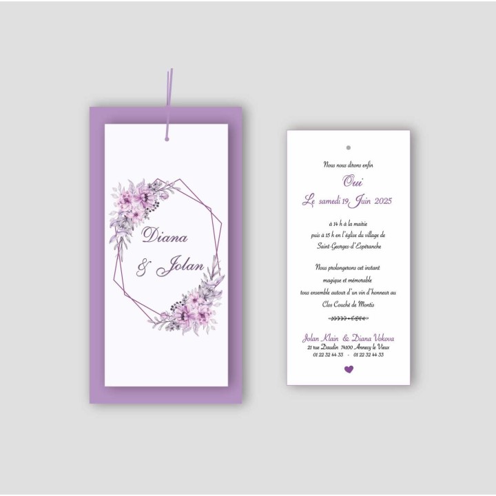 invitation MARIAGE  jolie FLEURS  en AQUARELLE VIOLETTES, assemblés de 3 feuilles
