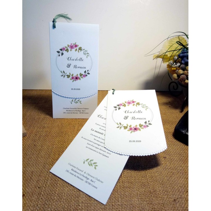 cartes invitation MARIAGE FLORAISON OVALE 2 feuillets avec découpe dentelle