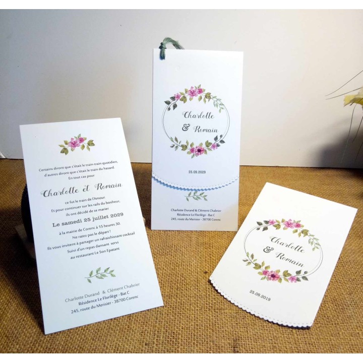 FAIRE PART MARIAGE FLORAISON OVALE 2 feuillets avec découpe dentelle