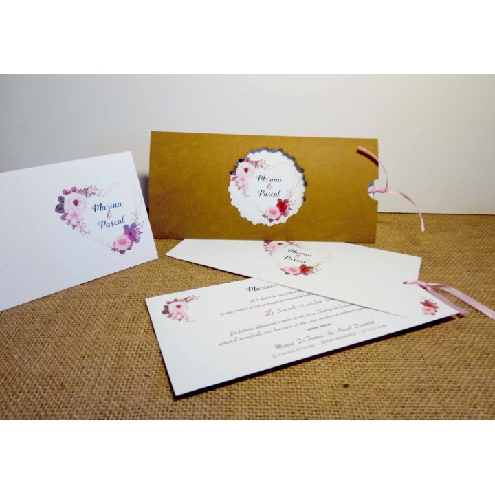 invitation MARIAGE pochette  marbré papier, cœur floral