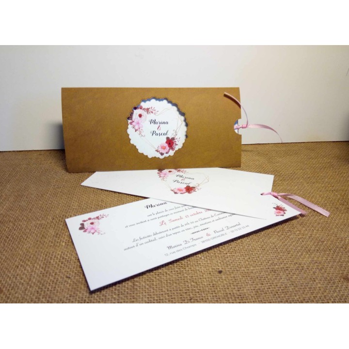 FAIRE PART MARIAGE pochette  marbré vintage, coeur floral