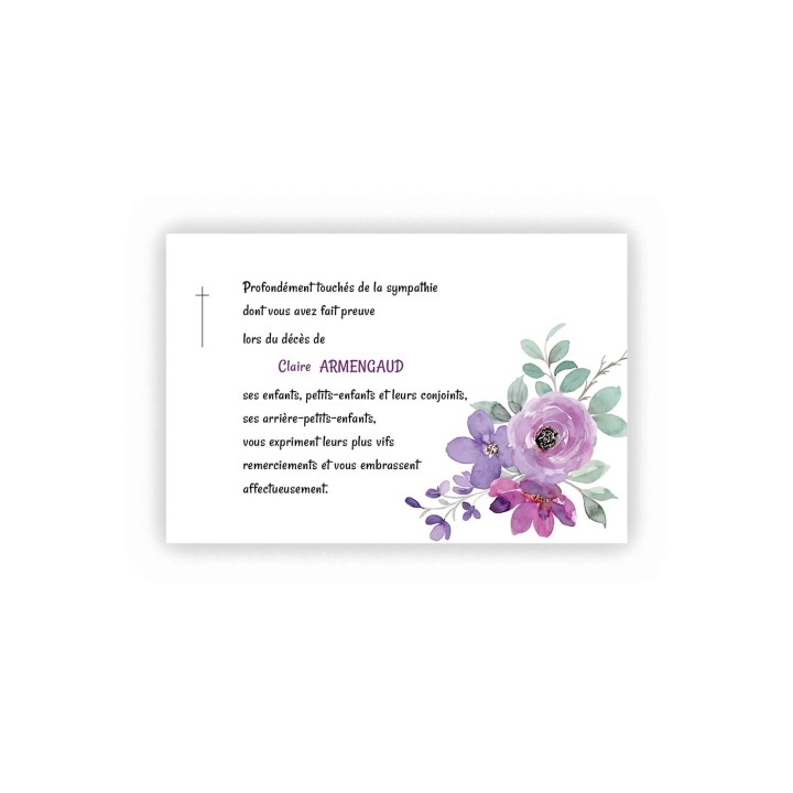 CARTE remerciements DECES jolies fleurs violettes aquarelle