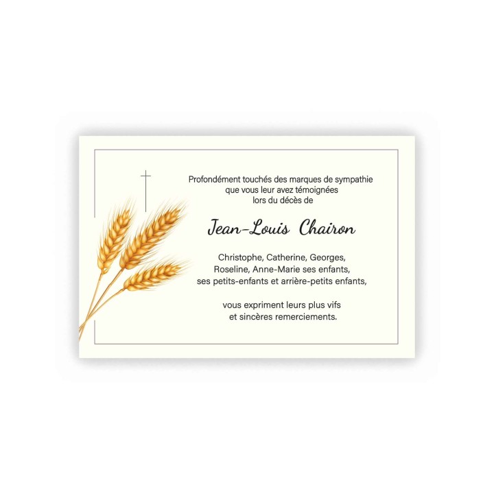 CARTE DECES BLE 3 EPIS, BLE 3 EPIS,  carte condoléances religion