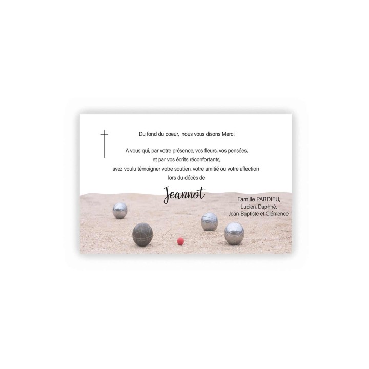 CARTE REMERCIEMENTS DÉCÈS,  boules DE PETANQUE  JOUEUR DE BOULES