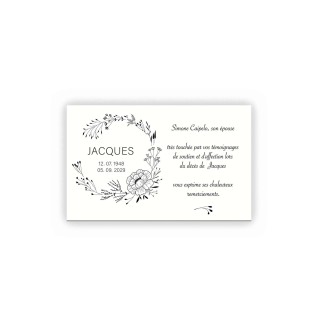 carte remerciements décès floralies belle Couronne fleurs noir et blanc