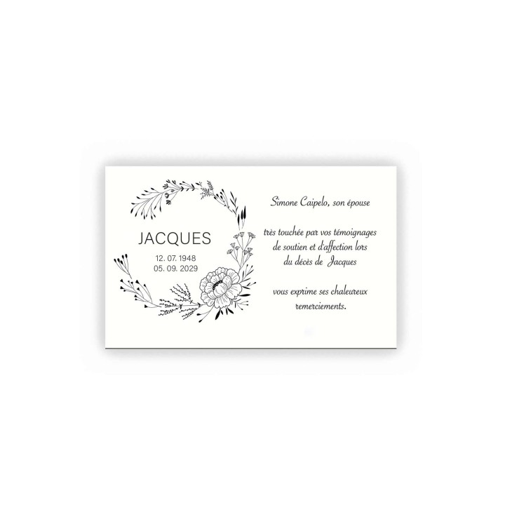 Remerciements décès flore  Couronne fleurs noir et blanc