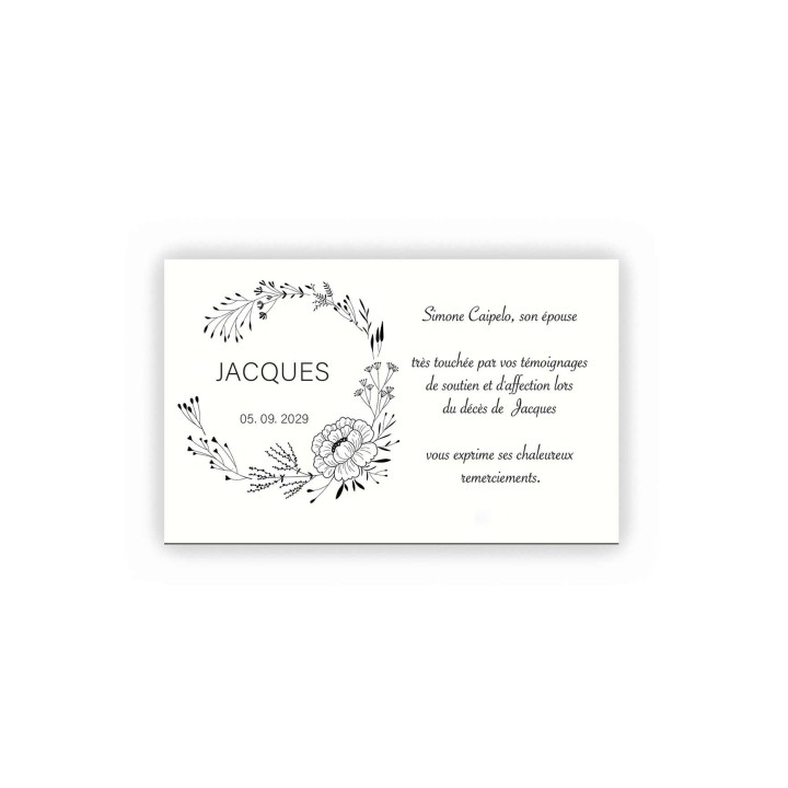 carte décès florale jolie Couronne fleurs noir et blanc