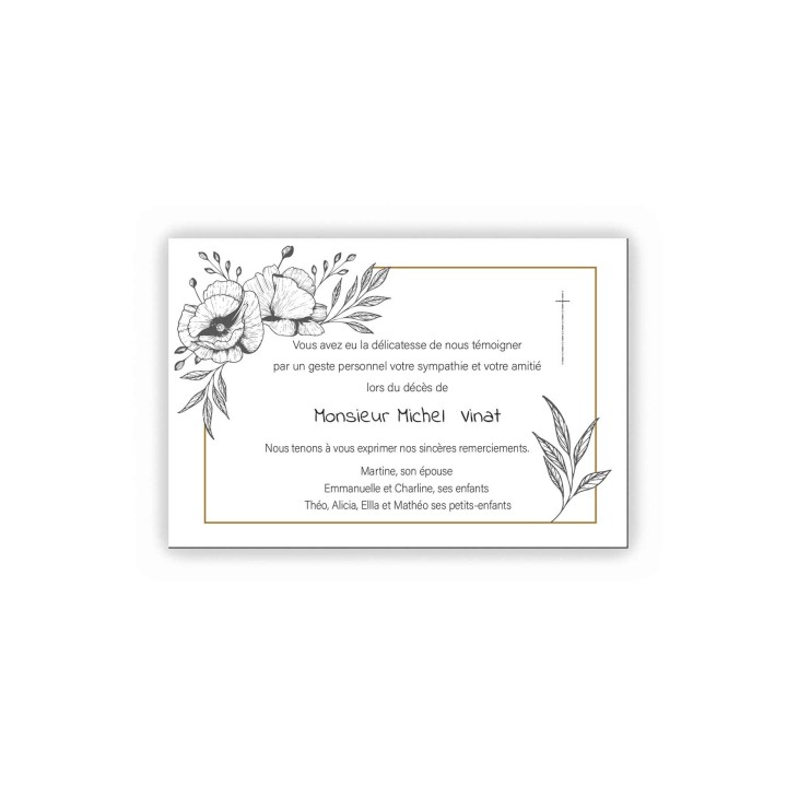 carte remerciements décès bouquet de fleurs noire et blanc