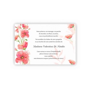 carte remerciement décès  jolie frise de la reine des fleurs rose tendre irisé
