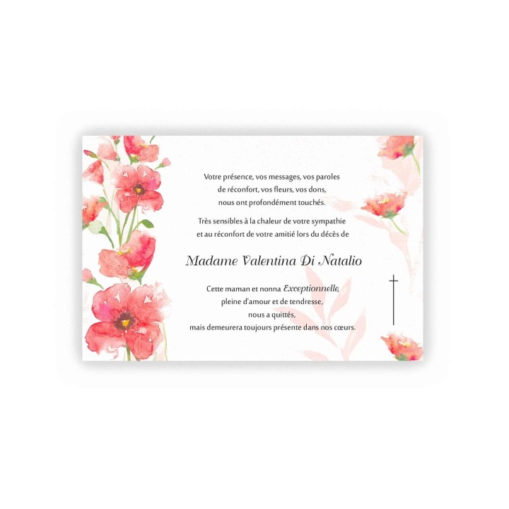 carte remerciements décès  reine des fleurs rose irisé