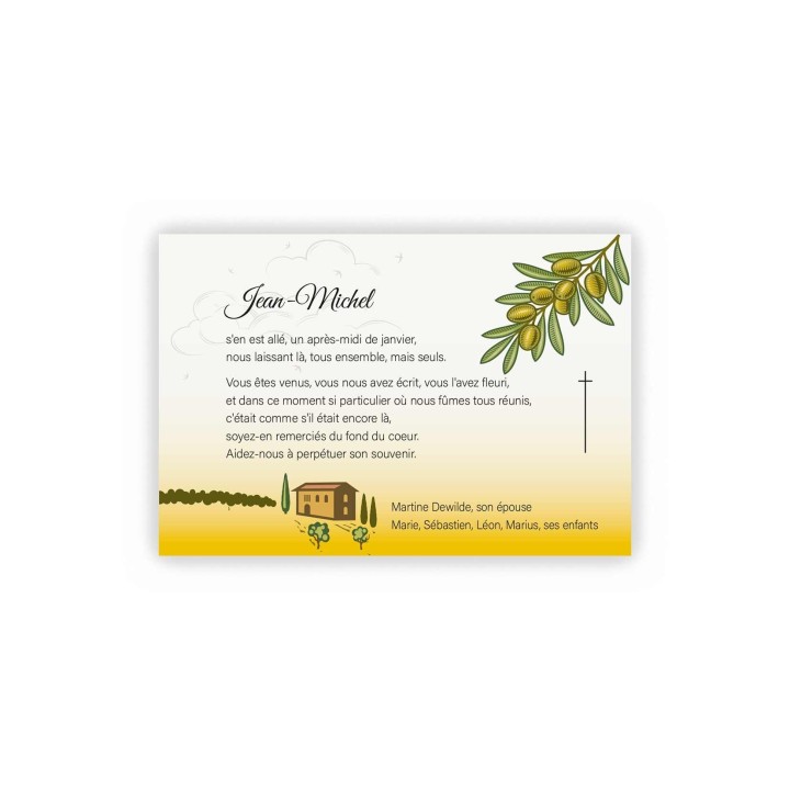carte remerciements décès la  terre des oliviers