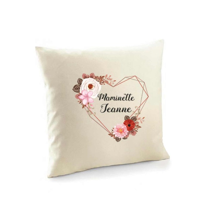 Housse de COUSSIN en coton toile naturel coeur floral, cadeau, mamie, maman anniversaire
