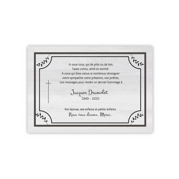 carte remerciement décès, tradition croix catholique, grise encadrement feuillage sultan