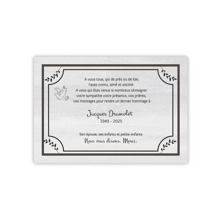 carte remerciement condoléances  colombe grise encadrement feuillage sultan