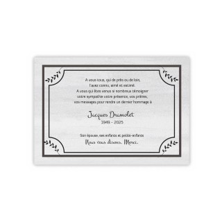 carte remerciements décès, tradition, fond gris, un bel encadrement feuillage chic