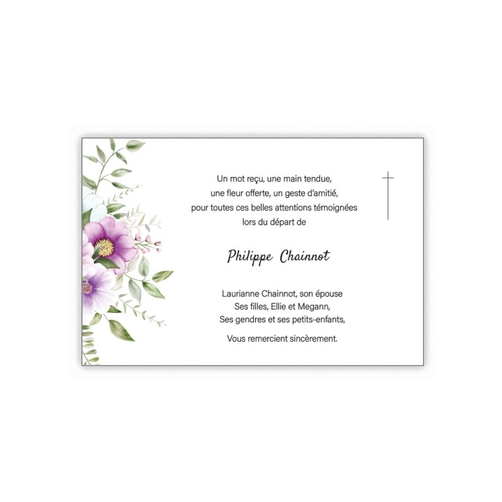 Carte remerciements décès bouquet de fleurs violette irise art majesté incruste de la croix catholique