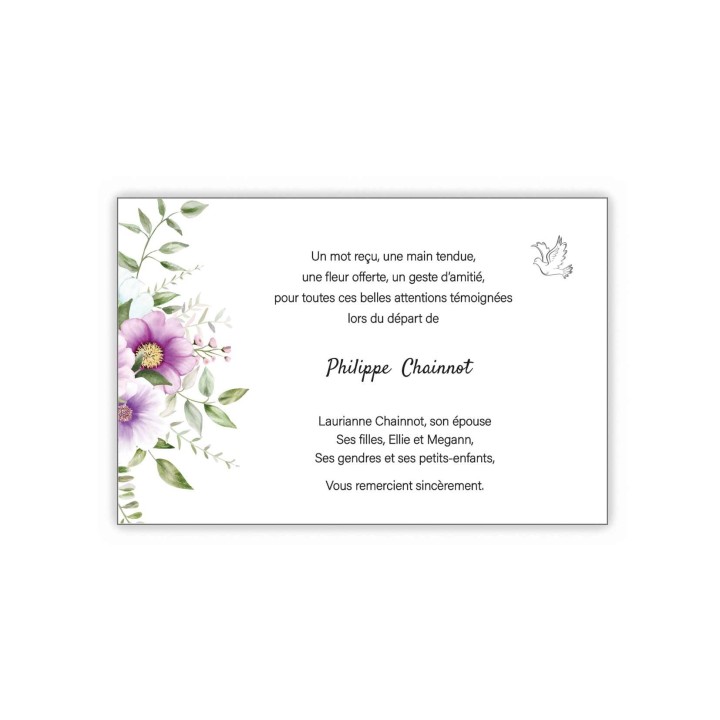 Carte remerciements décès bouquet de fleurs violet irise de majesté incruste  jolie colombe