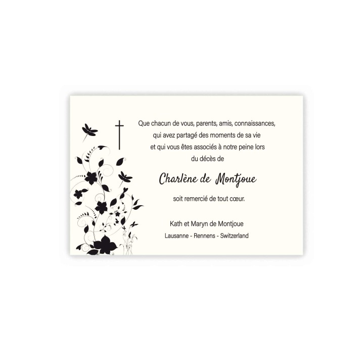 CARTE REMERCIEMENTS DÉCÈS, faire part deces FEUILLAGE HARMONIE NOIR ET BLANC
