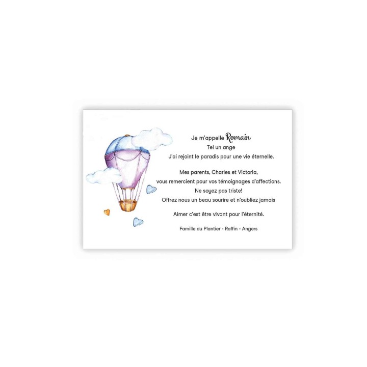 carte remerciements décès enfants montgolfière aquarelle pour envol vers le ciel