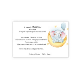carte remerciements décès enfants bebe éléphant, dans le ciel
