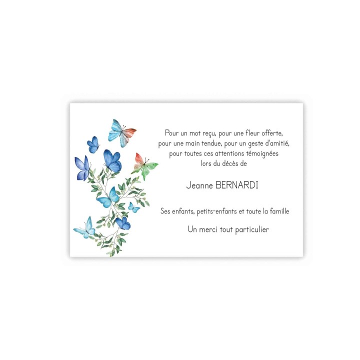 CARTE REMERCIEMENTS DÉCÈS, ENVOLEE DE PAPILLON BLEU