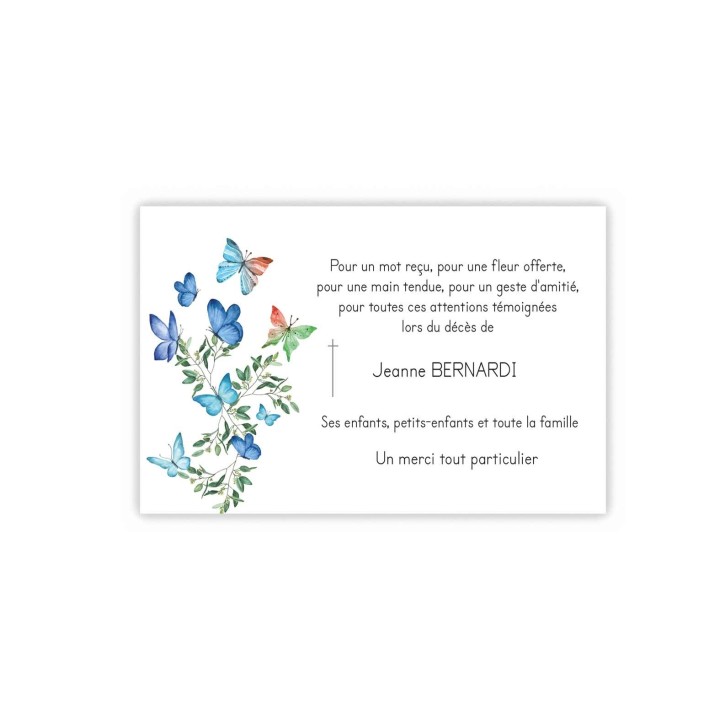 CARTE de condoléances, envol de papillon bleu aquarelle