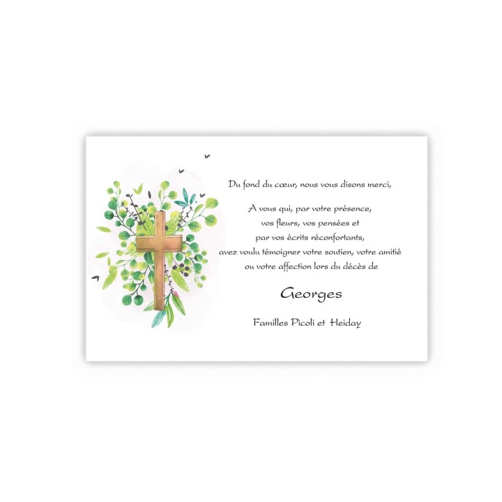 CARTE Remerciement décès  CROIX, en feuillages de cerisier st Lucie