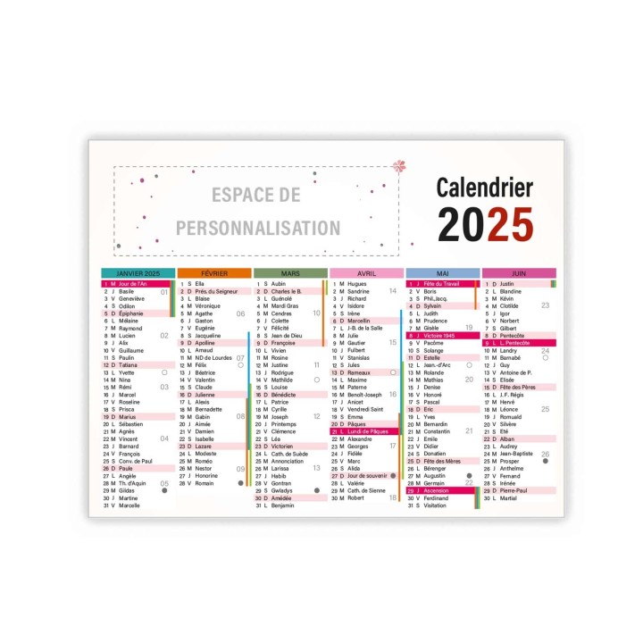 Calendrier personnalise FORMAT A5, 2 faces , 6 mois par face