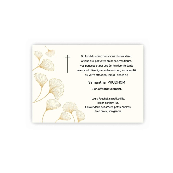 REMERCIEMENT DÉCÈS, GINKGO  FLEUR MORDORE, papier ivoire, imprimeur graveur des alpes