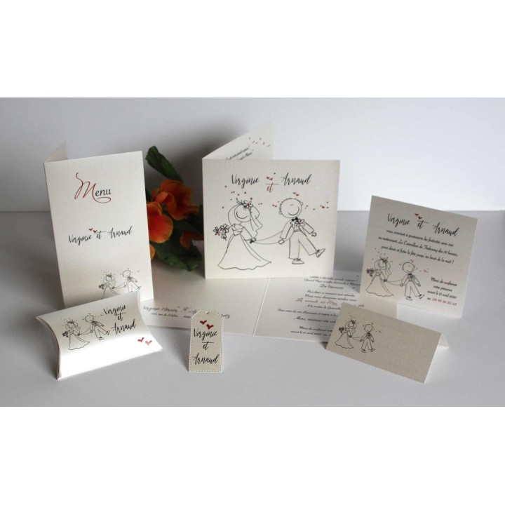 faire part mariage luxueux, HUMOUR dessin des maries PAPIER IRISE haut de gamme