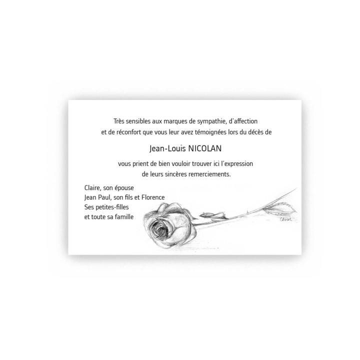 carte remerciements décès, condoléances, FLEUR ARTISTE rose dessinée à la main par imprimeur graveur des alpes
