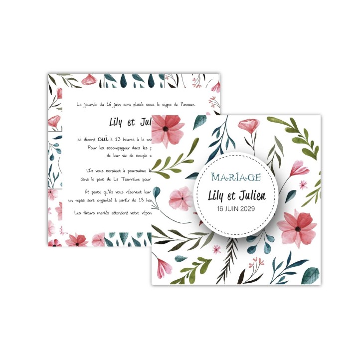 FAIRE PART MARIAGE JARDIN FLEURI, carte invitation carre imprimée recto verso