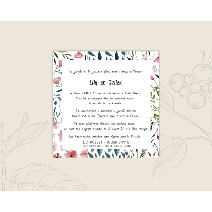 FAIRE PART MARIAGE JARDIN FLEURI, carte invitation carre imprimée recto verso