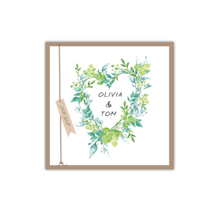 FAIRE PART MARIAGE COEUR HAWAIN EN  FEUILLAGES VERTS TENDRESSE A GRENOBLE