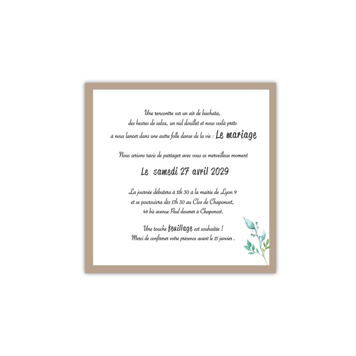 FAIRE PART invitation  MARIAGE COEUR HAWAIN EN  FEUILLAGES VERTS TENDRESSE GRENOBLE